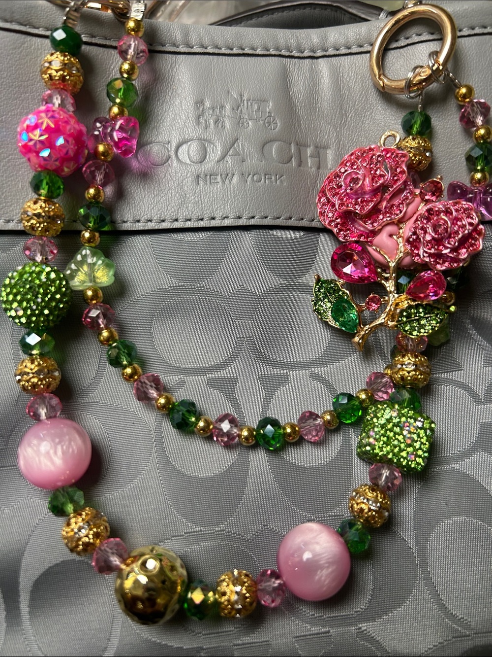 Keychain Pink and Green Beaded Floral Charm Necklace